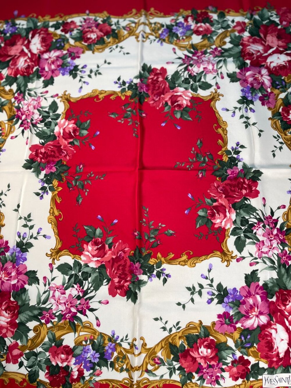 Yves Saint Laurent Silk Scarf Red Floral Baroque Frame Square Vintage YSL - Picture 2 of 15